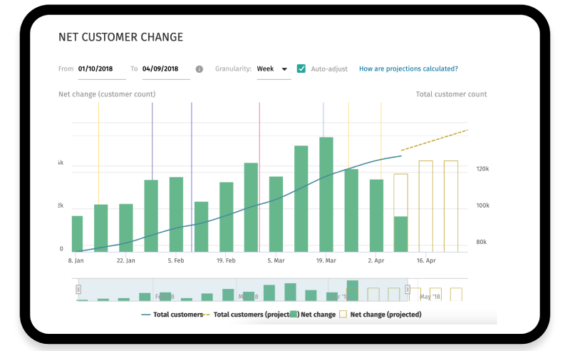 Net Customer Change dashboard information featuring bar graph information